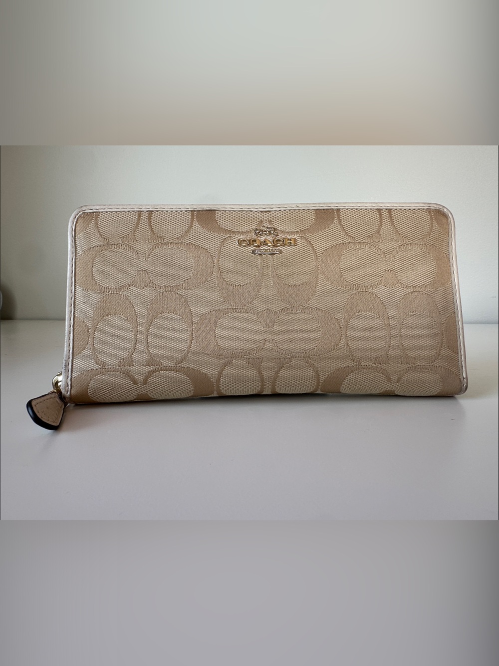 Coach Tan Signature Jacquard Zip Wallet with Gold Logo
